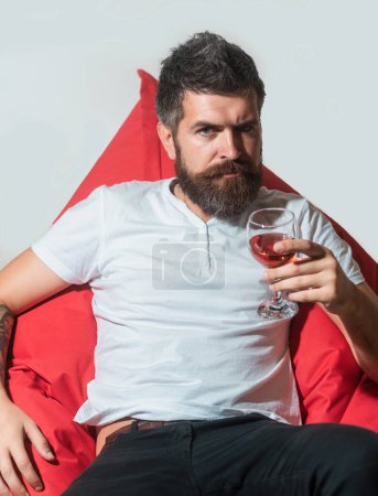Photo for Home alone party. Hipster with glass of wine. Man with alcohol - Royalty Free Image