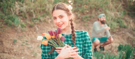 Photo for Spring woman face for banner. Cheerful young woman potting flowers. Gardening concept - Royalty Free Image