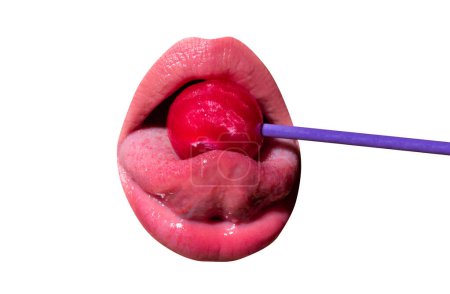 Photo for Licking lips. Sexy woman mouth with pink lips holding lollipop, beauty closeup. Sexy girl suck lick lollipop. Beauty glamour concept, close-up isolated on white - Royalty Free Image