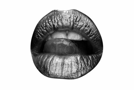 Photo for Golden lipstick closeup. Lips with metal makeup. Sexy lips, Metallic lipstick close up - Royalty Free Image