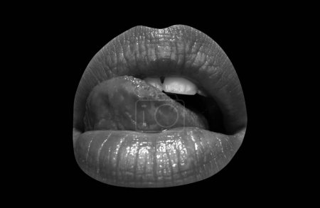 Photo for Tongue and sexy female lips, sensual womens open mouths, isolated background. Tongue lick sensual lips. Female mouth with tongue licked his sexy lip - Royalty Free Image