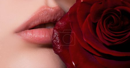 Photo for Female mouth with sexy red lips isolated closeup. Close up woman sensual lips with red lipstick and red rose. Passionate lip - Royalty Free Image