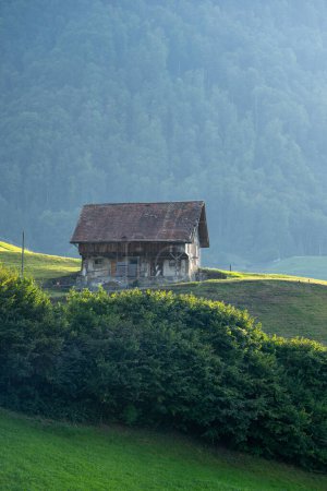 Téléchargez les photos : Ancienne maison en bois des Alpes. Vieille maison dans les Alpes européennes. Vieille cabane dans la forêt. Maison dilatée dans les Alpes européennes. Vieilles maisons de village dans une petite ville dans une vallée alpine - en image libre de droit