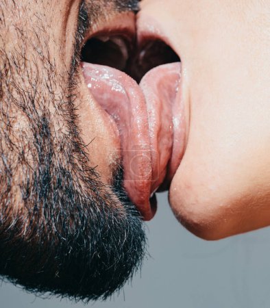Photo for Tongue. Closeup couple mouths kissing. Sensual kiss. Intimate relationship and sexual relations. Tongue. Couple In Love. Romantic and love - Royalty Free Image