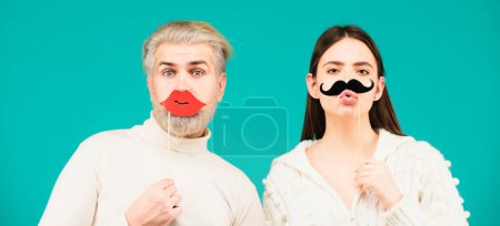Photo for Transgender gender identity, equality and human rights. Concept of gender equality, equal rights for both sexes. Male female portrait. Funny couple of woman with moustache and man with red lips - Royalty Free Image