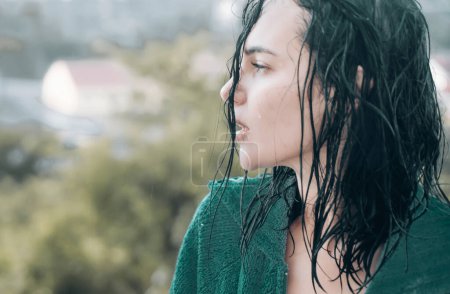 Photo for Woman in rain. Picture emotion woman. Sad female mood. Woman emotions. Cry - Royalty Free Image