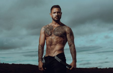 Photo for Sexy man with naked torso. Strong muscular male body, muscles guy. Portrait of handsome man - Royalty Free Image