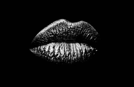 Téléchargez les photos : Des lèvres en or. Femme sexy maquillage lèvres dorées isolé sur fond noir - en image libre de droit