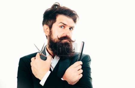 Photo for Retro bearded manisolated on white. Barber scissors and straight razor, barbershop. Vintage barber, shaving. Portrait man with long beard. Mustache men. Brutal guy, scissors, straight razor. Beard - Royalty Free Image