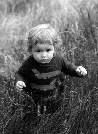 Foto de Niño bebé en la hierba verde en el parque de otoño. Cara de bebé de cerca. Gracioso retrato de primer plano de niño. Niño rubio, cara de emoción - Imagen libre de derechos