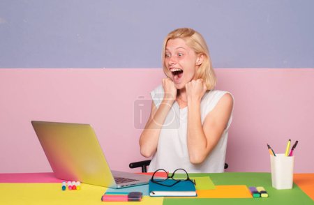 Photo for Excited amazed teacher. Teacher in classroom at the school. Girl student or woman teacher portrait - Royalty Free Image