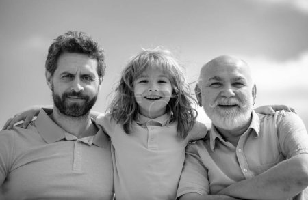 Men generation portrait of grandfather father and son child. Fathers day. Men in different ages