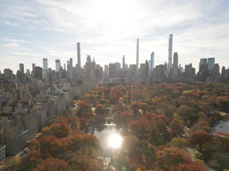 Autumn Fall. Autumnal Central Park view from drone. Aerial of NY City Manhattan Central Park panorama in Autumn. Autumn in Central Park. Autumn NYC. Central Park Fall Colors of foliage