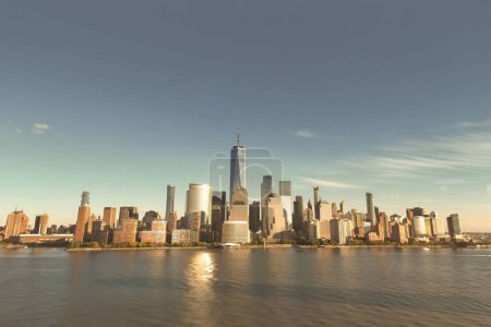 Téléchargez les photos : New York Manhattan skyline du New Jersey. Manhattan au-dessus de l'Hudson. Paysage urbain de New York, vue aérienne. Manhattan skyline du centre-ville avec des gratte-ciel urbains. New York Manhattan d'en haut - en image libre de droit