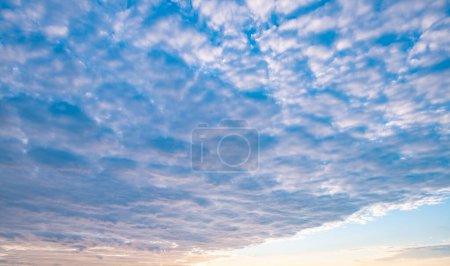 Photo for Cloud on blue sky. Pastel soft fluffy clouds with empty space. Beauty placement present promotion, summer paradise dreamy concept. Real sky background with gentle clouds. Banner with Clouds - Royalty Free Image