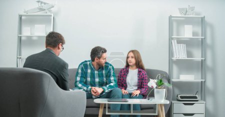 Psychology, mental family therapy, psychologist with father and daughter at psychotherapy session on psychological consultation. Social worker counseling parental