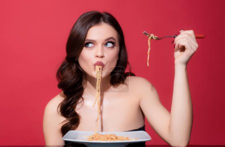 Italian cuisine healthy menu. Sexy woman eat tasty pasta. Food from Italia. Spaghetti Bolognese