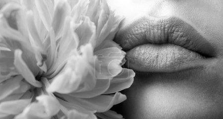 Foto de Primeros labios hermosos. Parte de la cara, joven mujer de cerca rellenar los labios con lápiz labial desnudo. Lápiz labial natural en labios grandes - Imagen libre de derechos