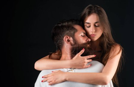 Young couple having passionate intense sex. Sensual kiss. Sensual relationship. Enjoying pleasure. Tenderness and intimacy. Retro vintage couple romancing