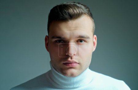 Photo for Man close up face with glossy hairstyle. Barbershop concept. Handsome guy. Masculinity and beauty. Well groomed man stylish appearance. Hairstyle barber. Styling hair wax. Hipster hairstyle. - Royalty Free Image