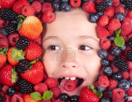 Photo for Vitamins from berrie. Berries mix of strawberry, blueberry, raspberry, blackberry for children - Royalty Free Image