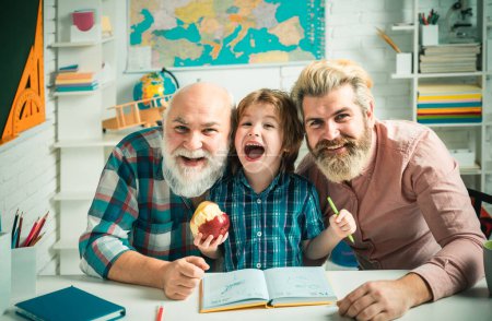 Photo for Grandfather father and son, men in different ages ready to study. Happy family at school. Three men generation. Knowledge and education concept - Royalty Free Image