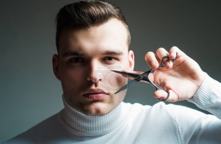 Create your style. Macho confident barber cut hair. Barbershop service concept. Professional barber equipment. Cut hair. Man strict face hold scissors. Barber glossy hairstyle hold steel scissors.