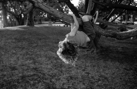 Lustiger Kletterer. Kind hängt kopfüber an Baum. Kinder klettern
