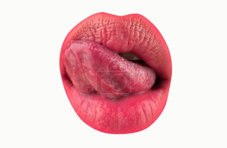 Art red lips. Tongue and sexy female lips. Macro tongue lick lips. Close up of woman mouth