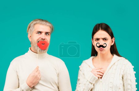 Photo for Gender concept. Identity transgender, gender stereotypes. Couple of woman with moustache and man with red lips. Gender equality - Royalty Free Image