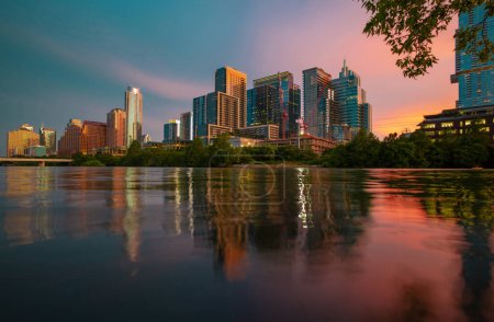Photo for Downtown Skyline of Austin, Texas in USA. Austin Sunset on the Colorado River. Night sunset city - Royalty Free Image