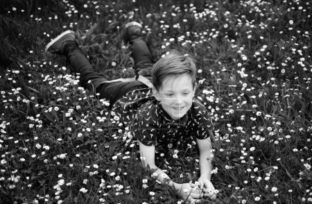 Muchacho sonriente tendido en la hierba. Lindo niño disfrutando en el césped de flores de campo y soñando