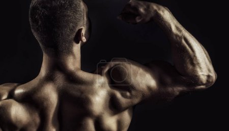 Photo for Biceps and shoulder back. Muscular man with sexy body. Sexy muscular male back of athlete bodybuilder posing in power with raised hands and bare torso on dark background - Royalty Free Image
