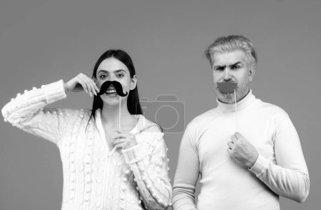 Photo for Funny couple in love. Fun face with lips moustache, Mr and Mrs concept - Royalty Free Image