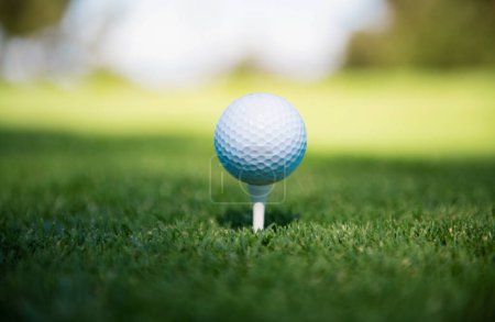 Photo for Green grass with golf ball close-up in soft focus at sunlight. Golf playground for golf club concept - Royalty Free Image