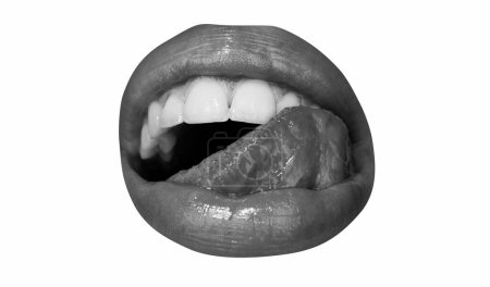 Photo for Close-up perfect natural lip, female mouth with tongue out. Plump sexy full lips. Macro face detail. Isolated on white - Royalty Free Image