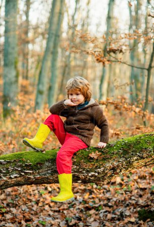 Foto de Una infancia sin preocupaciones. Niño jugando en el bosque de otoño. Caída Hojas al aire libre - Imagen libre de derechos