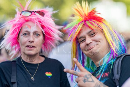 Photo for Transgender femme. Gender identity. Gay parade. Gay couple on Gay pride parade. Diversity and human rights. Transgender Day and LGBT pride LGBTQ concept. Pride day for sexuality love - Royalty Free Image