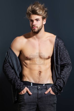 Photo for Sexy body, nude torso. Strong man, seductive gay. Muscular shirtless man, attractive guy. Topless model. Naked gay posing in studio. Naked body. Man showing sexy body. Athletic muscles body - Royalty Free Image