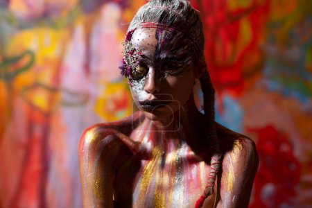 Photo for Art model girl portrait with Creative make up. Paint female model face. Abstract body. Art body design. Creative body art and hairdo. Face art - Royalty Free Image