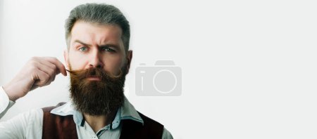 Photo for Bearded man with classic long beard amd mustaches, retro bearded gay. Barber, vintage barbershop. Mustache moustache men. Templates web banner design. Horizontal website header - Royalty Free Image