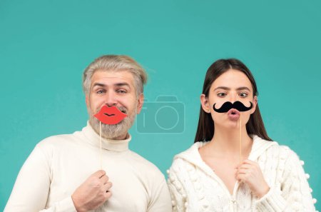 Photo for Gender, equality diversity concept. Male female portrait. Funny couple of woman with moustache and man with red lips. Diversity, tolerance and gender identity concept - Royalty Free Image