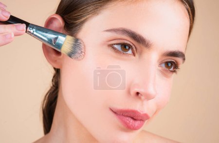 Photo for Beauty woman closeup face with natural make up, fresh beauty model young spa. Beauty treatment concept, portrait of young woman with cosmetic tonal foundation on face - Royalty Free Image