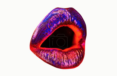 Téléchargez les photos : Lèvres sexy. Rouge à lèvres art fluo, bouche dorée. Isolé sur blanc - en image libre de droit