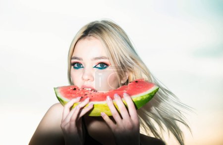 Photo for Portrait of a happy young woman with watermelon. Youth lifestyle. Happiness summer holiday - Royalty Free Image