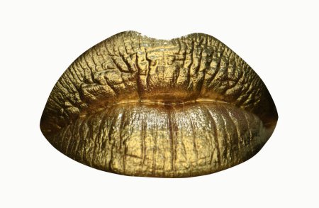 Foto de Icono de labios. Lápiz labial dorado en los labios, boca dorada femenina. Imprime los labios. Cosméticos de lujo para mujeres. Aislado sobre blanco - Imagen libre de derechos