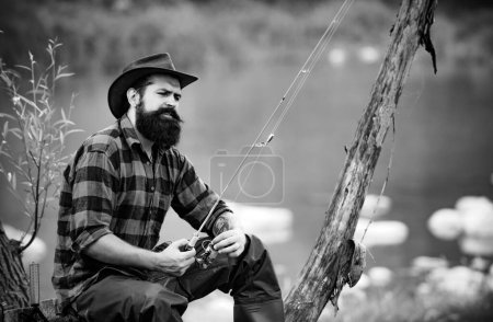 Photo for Fishing on the lake. Mature man fly fishing. Rest and recreation. Summer vacation. Strategy. Keep calm and fish on. I am happiest man. Rural getaway. Happy fisherman. With fishing rod - Royalty Free Image