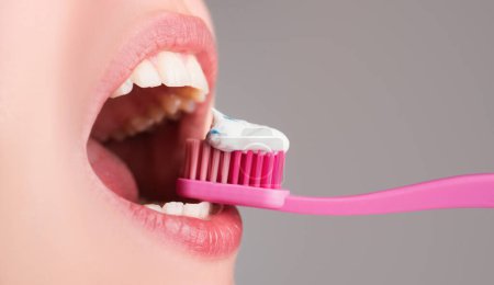 Téléchargez les photos : Se brosser les dents de près. Femme avec brosse à dents gros plan. Soins dentaires - en image libre de droit