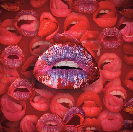 Foto de Lips and mouth. Female lip in red background. Woman lips - Imagen libre de derechos