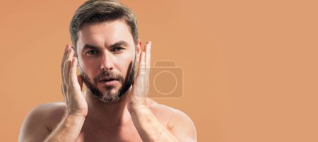 Man cosmetic, skin treatment on studio background. Hygiene and face. Matural mens cosmetics and wellness. Beauty and skincare. Wellness, healthcare and hygiene. Banner for header